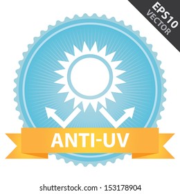 Vector : Tag, Sticker or Badge Present By Orange Ribbon on Blue Badge With Anti-UV Text, Sun Protection Sign Isolated on White Background 