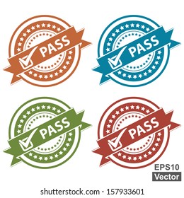 Vector : Tag, Sticker, Label or Badge For Product Certification or Product Verification Present By Colorful Pass Ribbon With Check Mark Sign on Colorful Icon Isolated on White Background 
