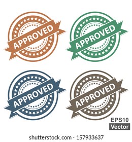 Vector : Tag, Sticker, Label or Badge For Product Certification or Product Verification Present By Colorful Approved Ribbon on Colorful Icon Isolated on White Background 