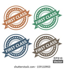 Vector : Tag, Sticker, Label or Badge For Product Certification or Product Verification Present By Colorful First Class Ribbon on Colorful Icon Isolated on White Background 