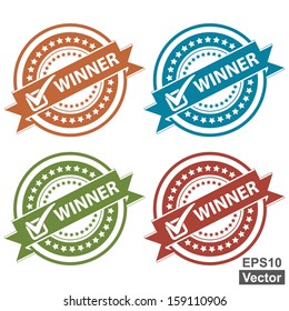 Vector : Tag, Sticker, Label or Badge For Product Certification or Product Verification Present By Colorful Winner Ribbon With Check Mark Sign on Colorful Icon Isolated on White Background 
