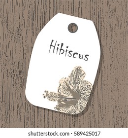 Vector tag template with hibiscus flower in pastel colors on the wooden background. Vintage eco design for label, greeting card, invitations, gift decoration, sale design, scrapbooking