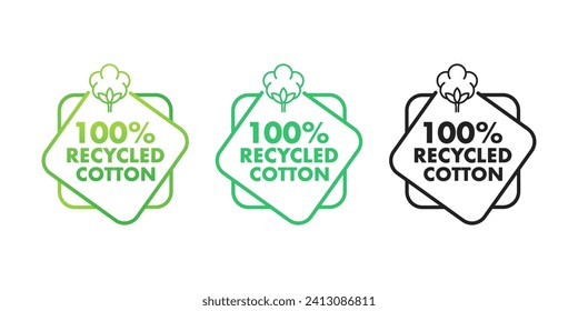 Vector tags for 100 recycled cotton with a cotton plant icon, showcasing sustainable fabric and eco-friendly fashion