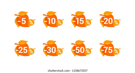 Vector tags for autumn sales in leaf form with different percentage - 5%, 10%, 15%, 20%, 25%, 30% 50% and 75%