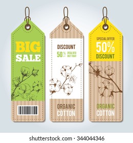 Vector tags for clothing template. Natural cotton vector labels, stickers and design elements, set of organic cotton clothing labels and tags.