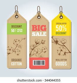 Vector tags for clothing template. Natural cotton vector labels, stickers and design elements, set of organic cotton clothing labels and tags.