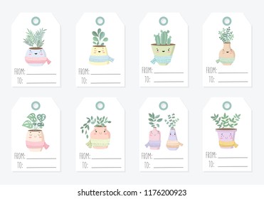 Vector tags collection with cute house plant in flower pot with scarf. Valentine's day, anniversary, autumn fest, Thanksgiving, baby shower, birthday