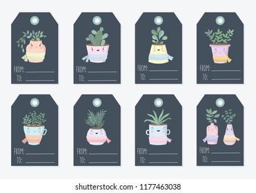 Vector tags collection with cute house plant in flower pot with scarf. Valentine's day, anniversary, autumn fest, Thanksgiving, baby shower, birthday