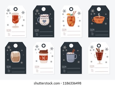 Vector tags collection with hot drinks and cozy slogan in flat design. Hot chocolate, coffee, cocoa with whipped cream and marshmallow, mulled wine. Autumn and winter holidays