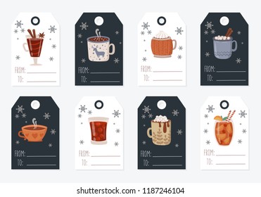 Vector tags collection with hot drinks and cozy slogan in flat design. Hot chocolate, coffee, cocoa with whipped cream and marshmallow, mulled wine. Autumn and winter holidays
