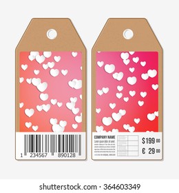 Vector tags design on both sides, cardboard sale labels with barcode. White paper hearts, red vector background, Valentines day decoration.