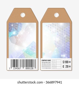 Vector tags design on both sides, cardboard sale labels with barcode. Blue abstract winter background with snowflakes.