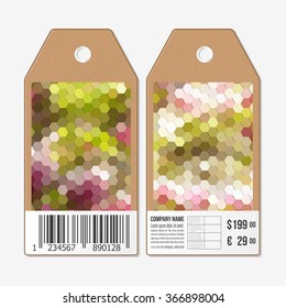 Vector tags design on both sides, cardboard sale labels with barcode. Polygonal design vector, colorful geometric hexagonal backgrounds.