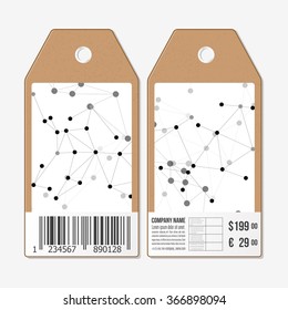 Vector tags design on both sides, cardboard sale labels with barcode. Molecule structure, connection vector, science polygonal background.