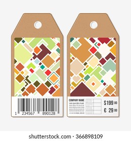 Vector tags design on both sides, cardboard sale labels with barcode. Abstract colored background, square design vector illustration.