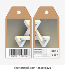 Vector tags design on both sides, cardboard sale labels with barcode. Unreal impossible geometric figure, abstract pattern.