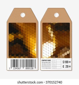 Vector tags design on both sides, cardboard sale labels with barcode. Polygonal design vector, colorful geometric hexagonal backgrounds.