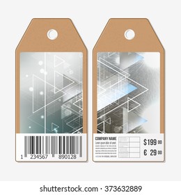 Vector tags design on both sides, cardboard sale labels with barcode. Abstract blurred vector background with triangles, lines and dots.