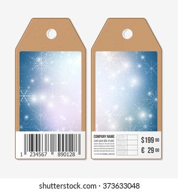 Vector tags design on both sides, cardboard sale labels with barcode. Blue abstract winter background with snowflakes.