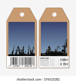 Vector tags design on both sides, cardboard sale labels with barcode. Shipyard and city landscape.