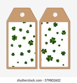 Vector tags design on both sides, cardboard sale labels. St Patricks day vector background, green clovers on white