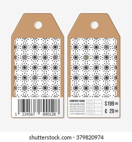 Vector tags design on both sides, cardboard sale labels with barcode. Abstract flowers pattern. Simple black monochrome vector texture.