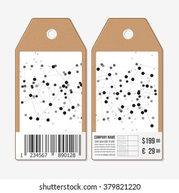 Vector tags design on both sides, cardboard sale labels with barcode. Molecule structure, connection vector, science polygonal background.