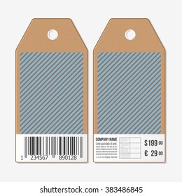 Vector tags design on both sides, cardboard sale labels with barcode. Vintage design, lines vector background.