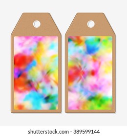 Vector tags design on both sides, cardboard sale labels. Colorful background, Holi celebration, vector illustration.