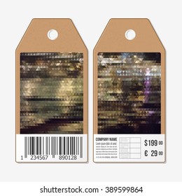 Vector tags design on both sides, cardboard sale labels with barcode. Polygonal design, colorful geometric triangular backgrounds.