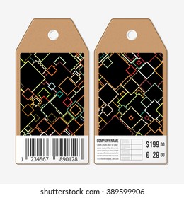Vector tags design on both sides, cardboard sale labels with barcode. Abstract colored background, square design vector illustration.