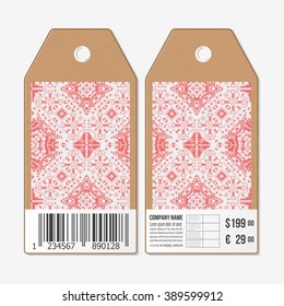 Vector tags design on both sides, cardboard sale labels with barcode. Ethnic pattern. Ukrainian folk art. Traditional embroidery pattern. Abstract vector texture.