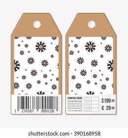 Vector tags design on both sides, cardboard sale labels with barcode. Hand drawn floral doodle pattern, abstract vector background.