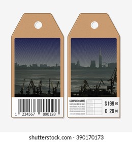 Vector tags design on both sides, cardboard sale labels with barcode. Shipyard and city landscape.