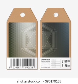 Vector tags design on both sides, cardboard sale labels with barcode. Polygonal design vector, geometric hexagonal backgrounds.