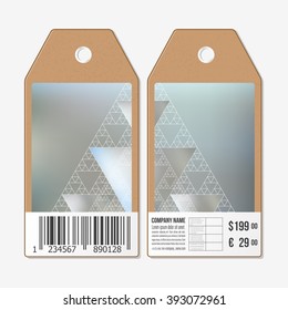 Vector tags design on both sides, cardboard sale labels with barcode. Abstract blurred vector background with triangles and lines