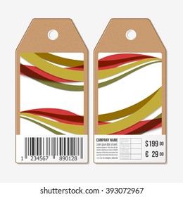Vector tags design on both sides, cardboard sale labels with barcode. Abstract background, colored wave vector design.