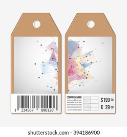 Vector tags design on both sides, cardboard sale labels with barcode. Abstract vector background.  Technical construction with connected lines and dots.