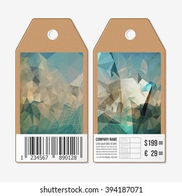 Vector tags design on both sides, cardboard sale labels with barcode. Conceptual design, abstract 3D pyramid, vector illustration.