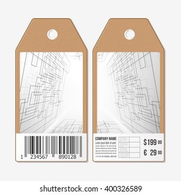 Vector tags design on both sides, cardboard sale labels with barcode. Abstract vector background.  Technical construction with connected lines and dots.