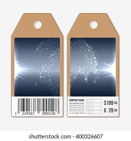 Vector tags design on both sides, cardboard sale labels with barcode. Dotted world globe.