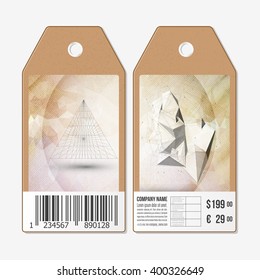 Vector tags design on both sides, cardboard sale labels with barcode. Conceptual design, abstract 3D pyramid, vector illustration.