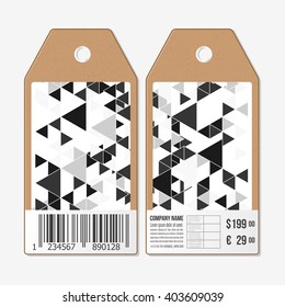 Vector tags design on both sides, cardboard sale labels with barcode. Triangular vector pattern. Abstract black triangles on white background