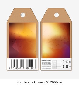 Vector tags design on both sides, cardboard sale labels with barcode. Blurred background. Abstract vector illustration.