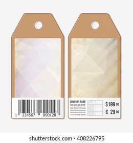 Vector tags design on both sides, cardboard sale labels with barcode. Wooden design, polygonal background, abstract vector illustration.