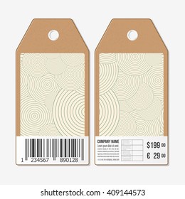 Vector tags design on both sides, cardboard sale labels with barcode. Modern stylish geometric background with circles.