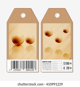 Vector tags design on both sides, cardboard sale labels with barcode. Wooden design, abstract vector background.