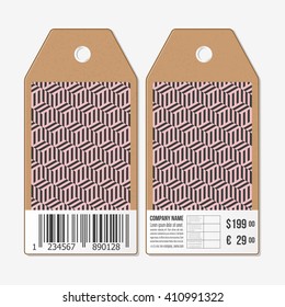 Vector tags design on both sides, cardboard sale labels with barcode. Recurring cubes on background. Geometric pattern. Simple abstract monochrome texture.