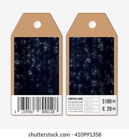 Vector tags design on both sides, cardboard sale labels with barcode. Virtual reality, abstract technology background with blue symbols, vector illustration.