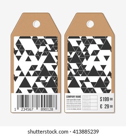 Vector tags design on both sides, cardboard sale labels with barcode. Triangular vector pattern. Abstract black triangles on white background